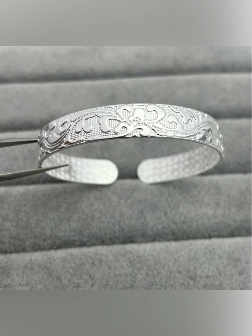Elegant Silver Tone Floral Engraved Cuff Bracelet Adjustable Boho Stackable